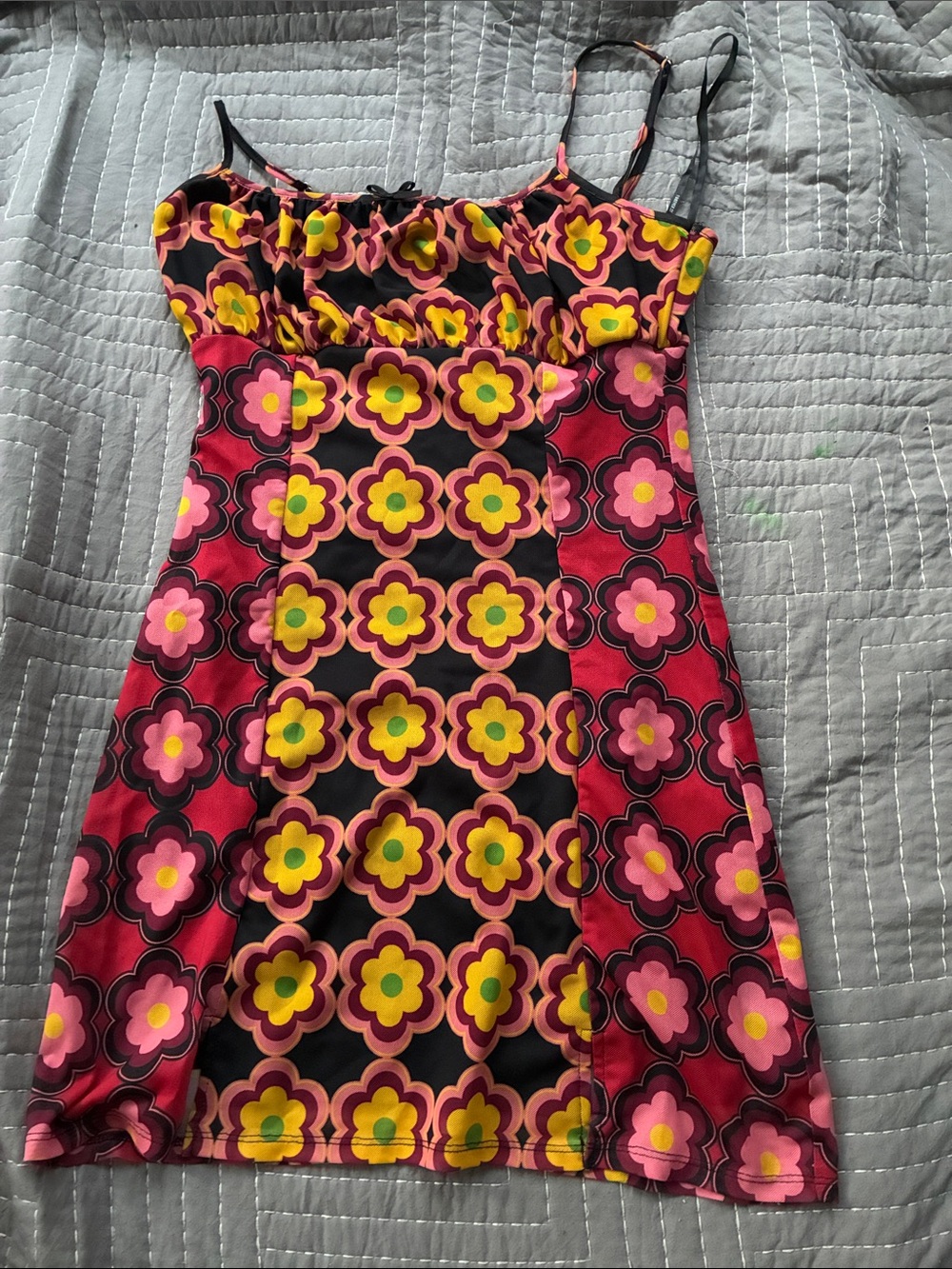 Retro Floral Slip Dress in Pink, Yellow & Black s/m